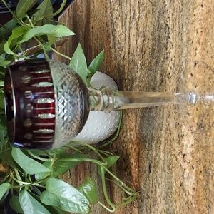 Bohemian Ruby Red Cut to Clear Wine Glass.